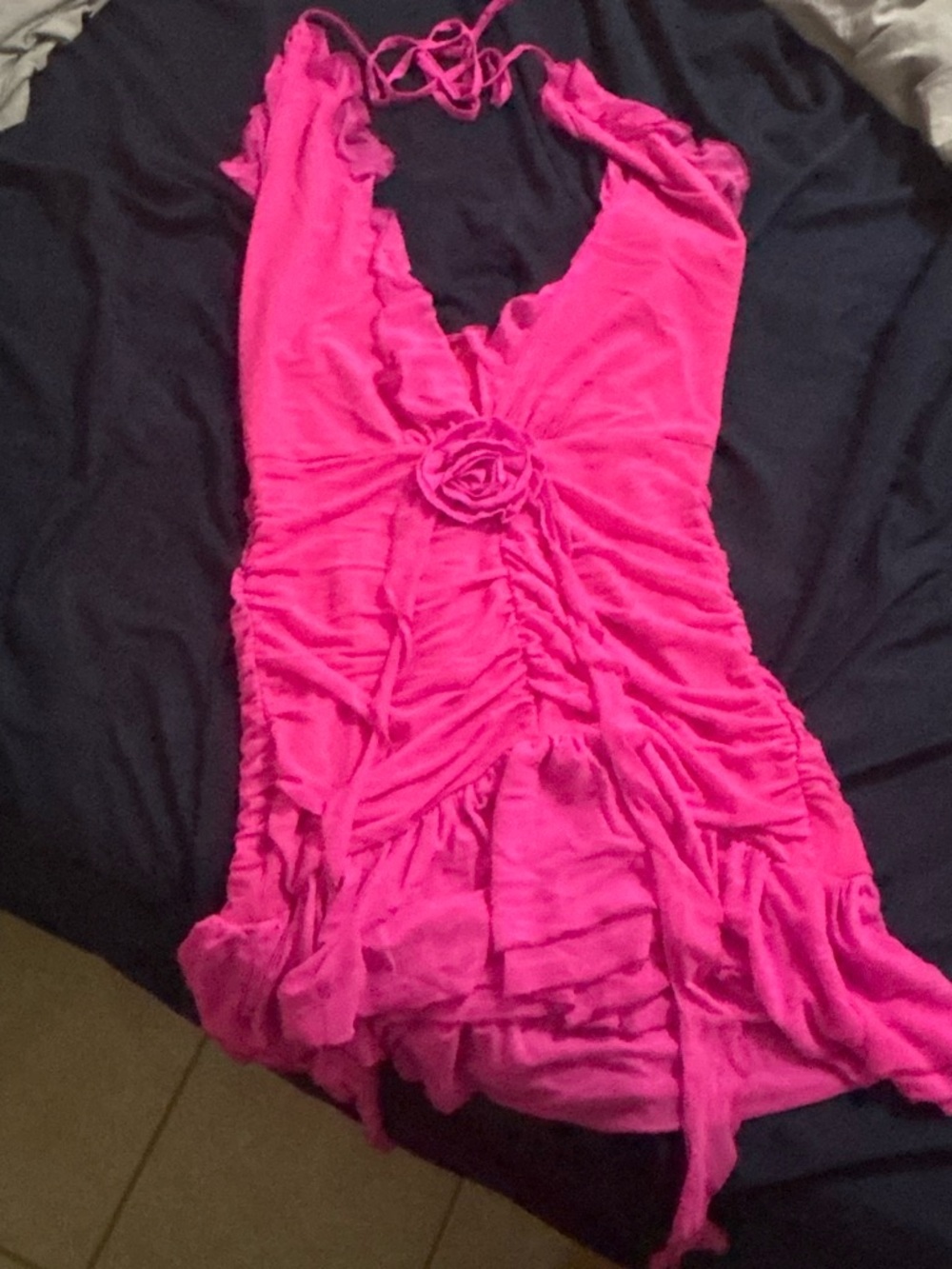 SHEIN Hot Pink Halter Ruffle Mini Dress with Rosette